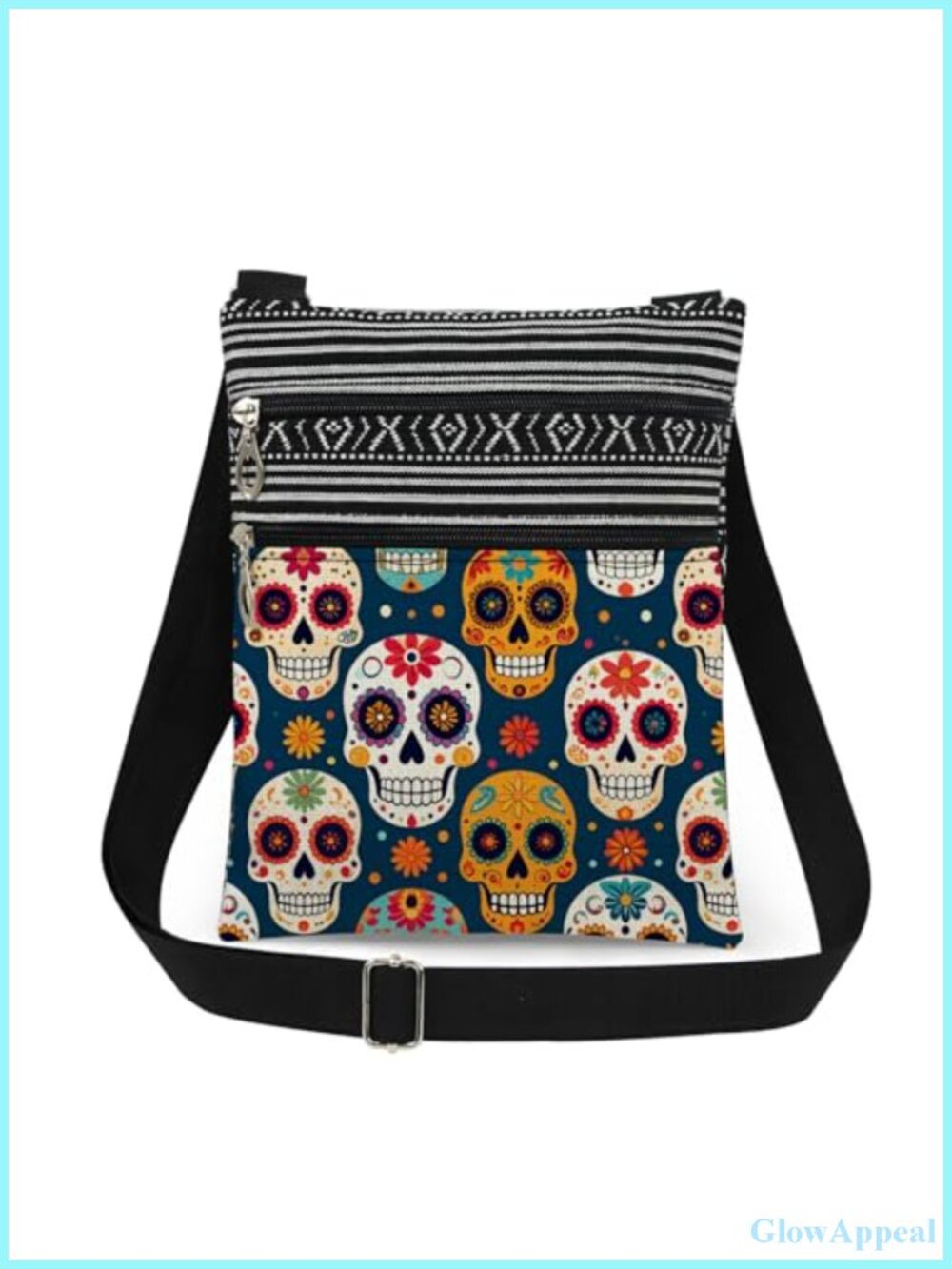 Mexican Sugar Skull Floral Polyester Crossbody Bag Adjustable Strap